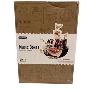 Robotime Fishing Kitty Music Box DIY Wooden Model Kit AMD42 New Sealed